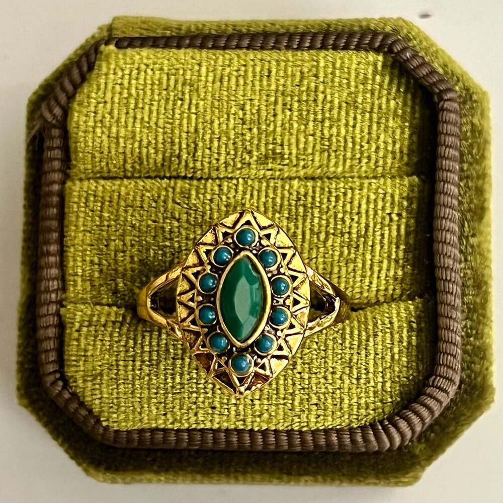 Green Onyx & Turquoise Marquise Titanium Steel Gold Tone Statement Ring Size 9